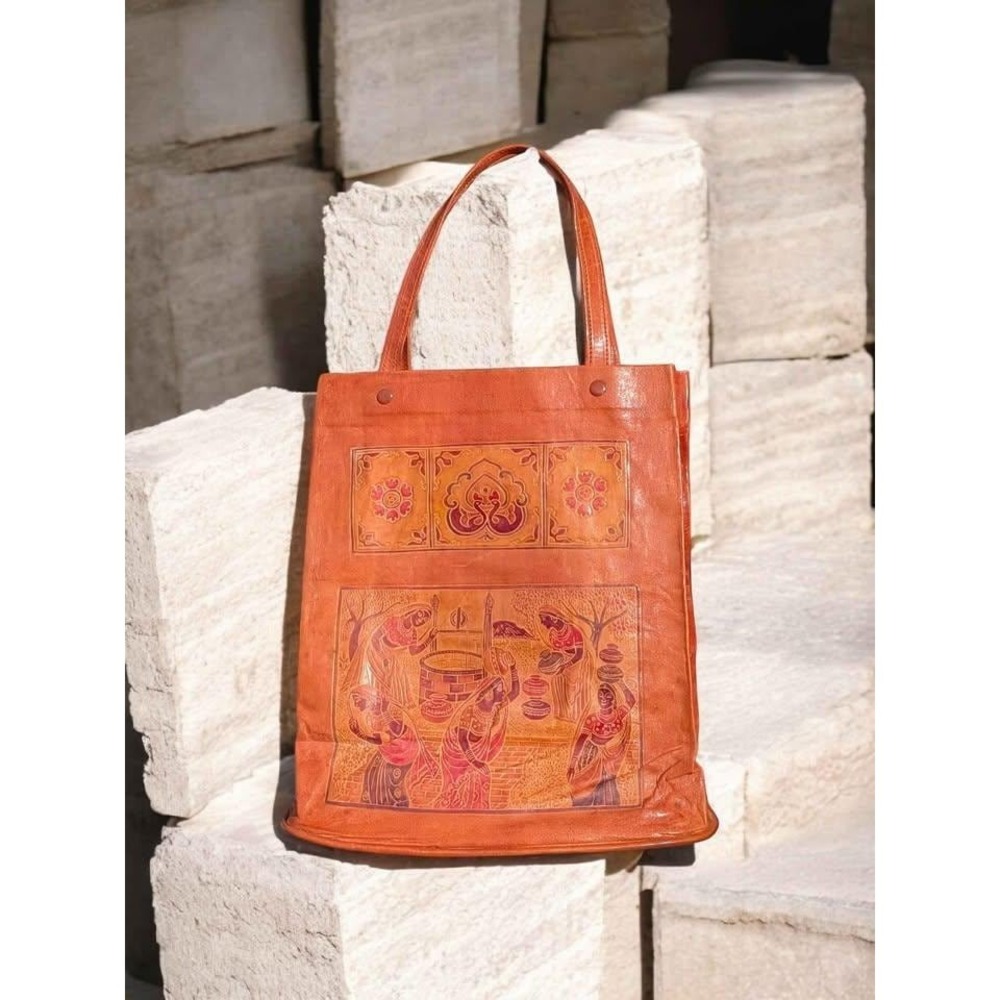 Vintage‎ Hand Tooled Leather Tote Folk Art Village Scene Bag Boho